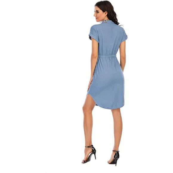 Women's Denim Cotton Shirt Dress Short Sleeves Knee Length Casual Fashion - Picture 4 of 6